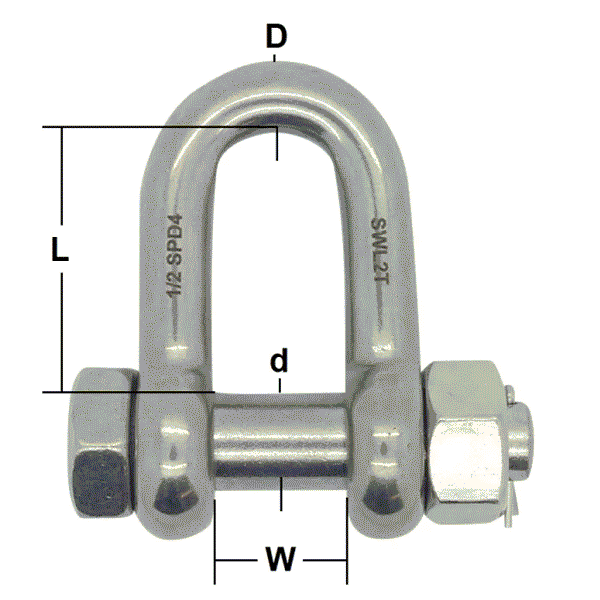 stainless dee shackle with safety bolt dimensions